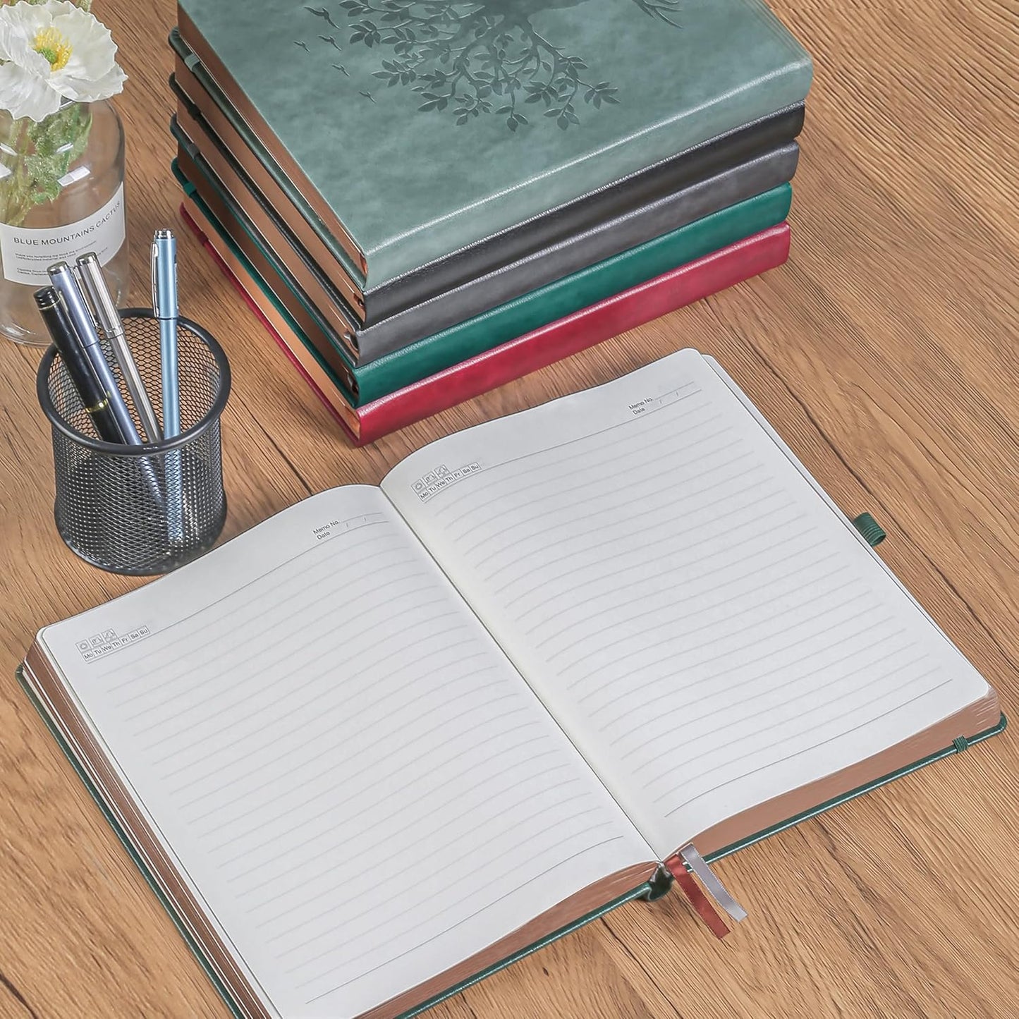 ZXHQ B5 360 Pages Lined Journaling Notebooks with Pen, Journals for Women Men Writing Notebook, Tree of Life Design, Brown Edge, Fine Inner Pocket - Blue