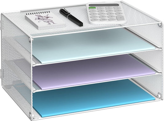 DALTACK 3 Tier Letter Tray Paper Organizer Mesh Metal Desk File Organizer for Home & Office, White
