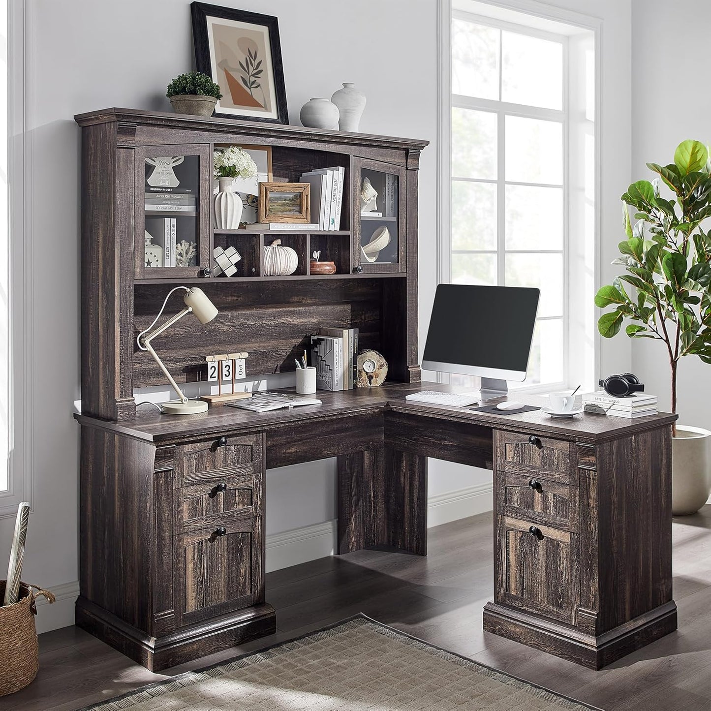 OKD Farmhouse Hutch for 60" Executive Desk, Office Desk Storage Cabinet with Glass Doors and Shelves, Top Hutch Organizer for Home Office - Dark Rustic Oak