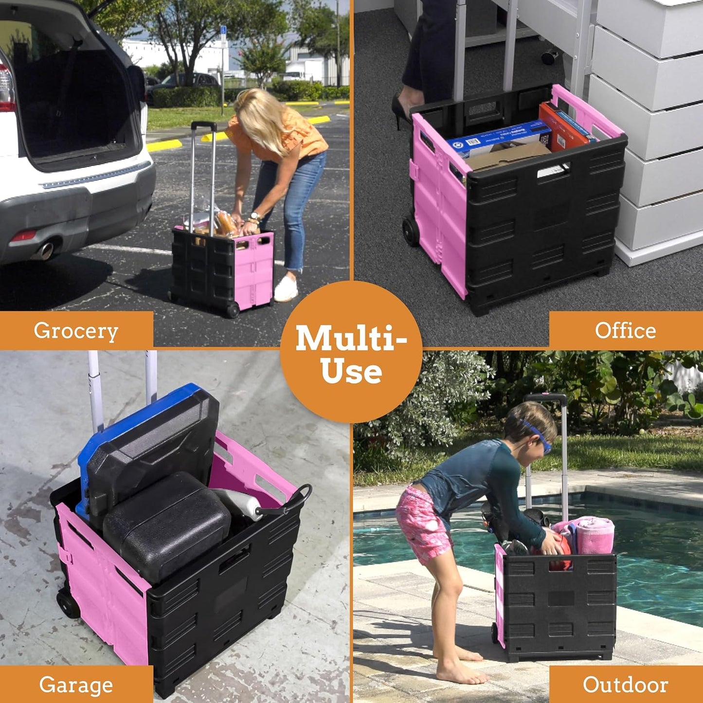Inspired Living Ultra-Slim Rolling Collapsible Storage Pack-N-Roll Utility-carts, with Telescopic Handle, for Home, Garden, Shopping, Office, School use, Medium, Pink & Black
