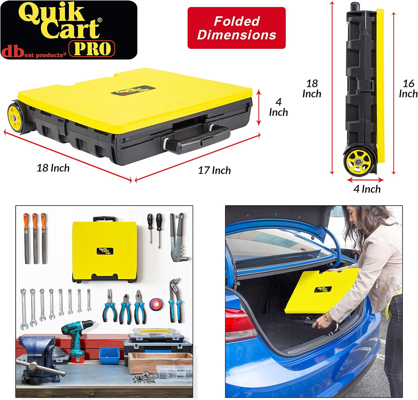 dbest products Quik Cart Pro Wheeled Rolling Crate Teacher Utility with seat Heavy Duty Collapsible Basket with Handle, Yellow