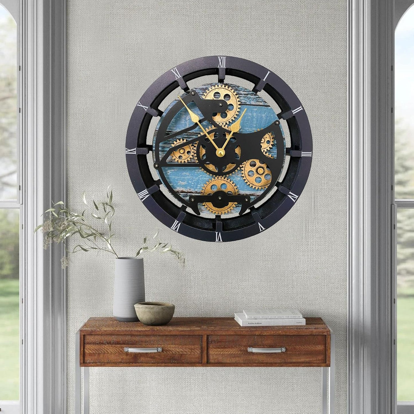 The Gears Clock 16 inches Wall Clock with Real Moving Gears Convertible into a Big Mantel Clock (Aqua Green)