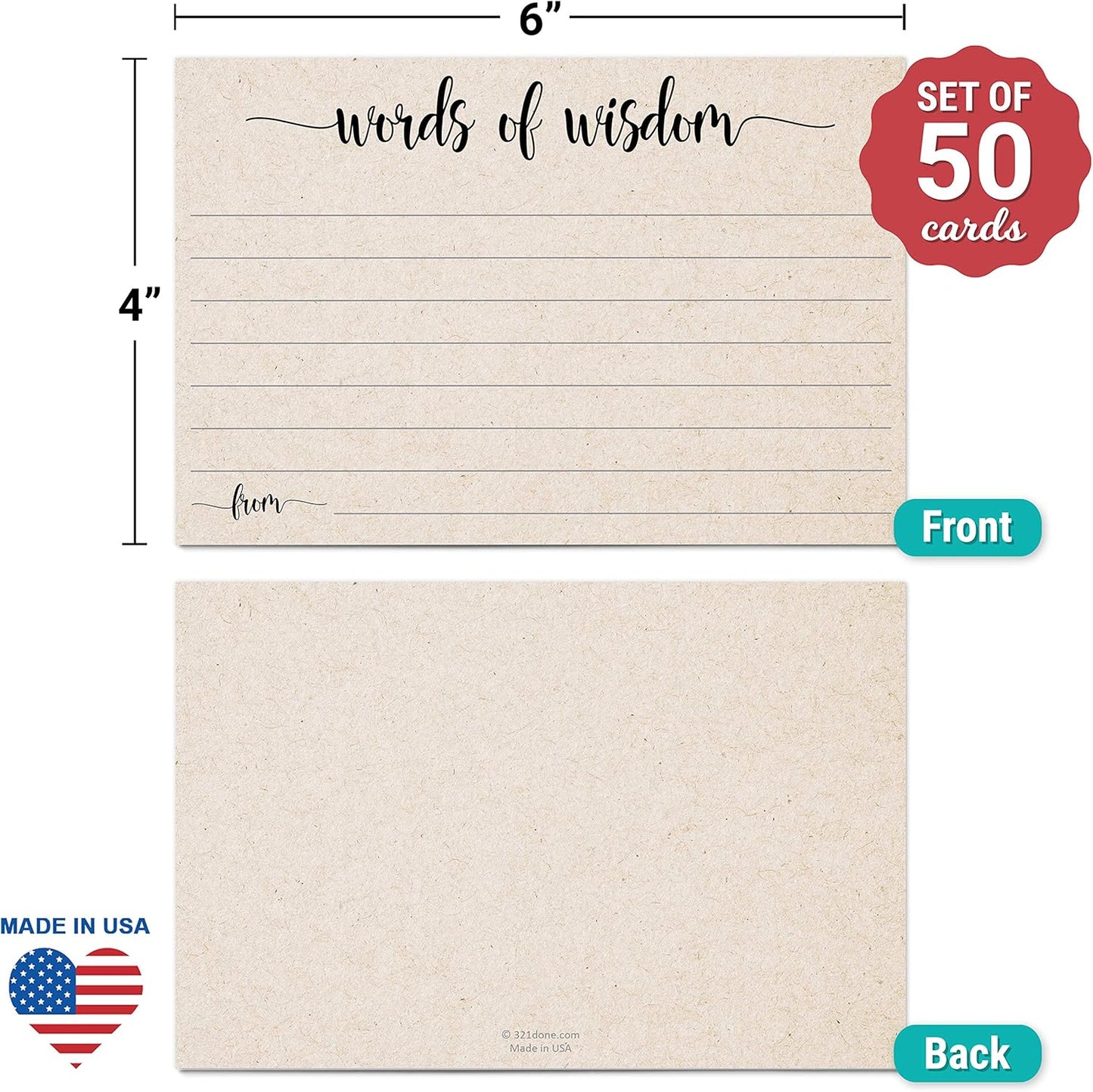 321Done Words of Wisdom Card (50 Cards) 4" x 6" - Blank Advice Cards for Wedding Bridal Shower Baby Shower Mr and Mrs Bride and Groom Graduation - Made in USA - Kraft Tan