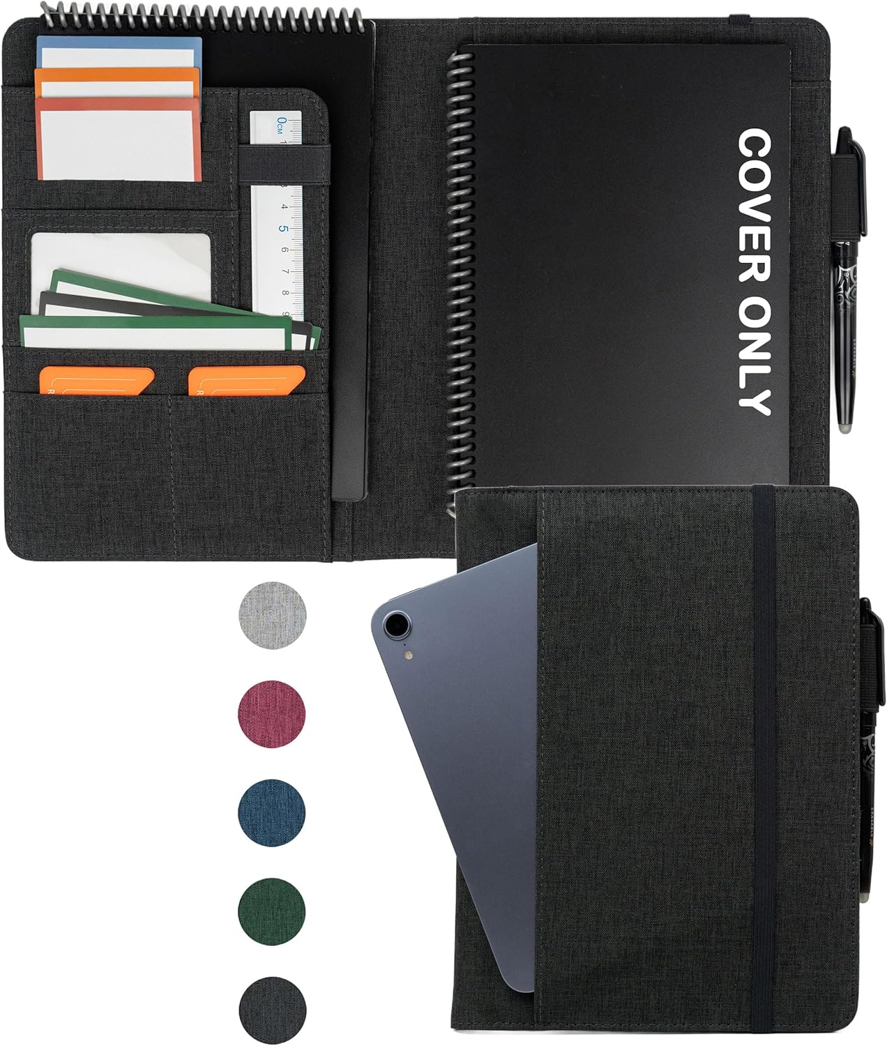 Sturdy Planner Cover for Rocketbook Smart Notebook - Water-Resistant Fabric Padfolio, Business Padfolio with Firm Writing Surface, Fits Executive Size A5, Rocketbook Accessories (Black)