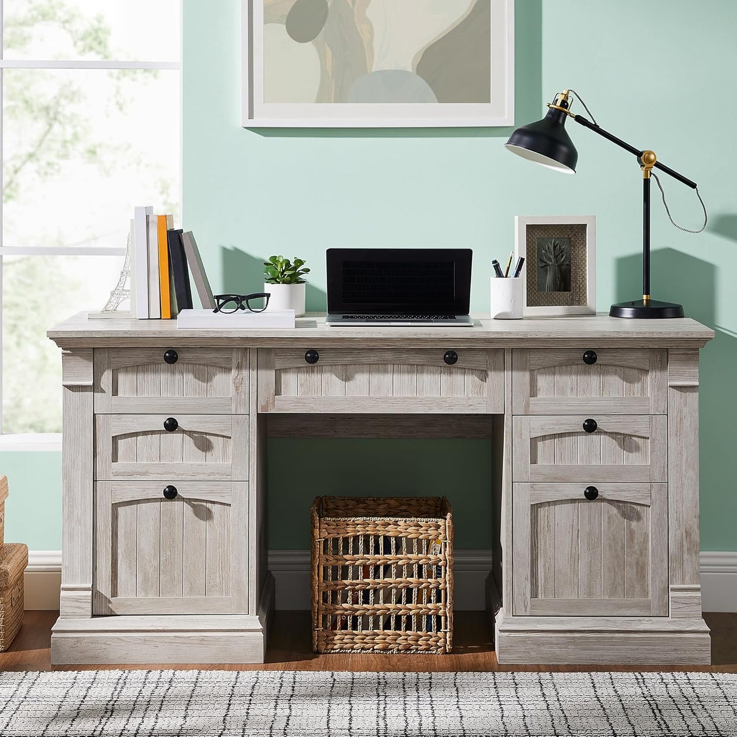 OKD 60" Executive Desk with Drawers, Farmhouse Home Office Desk with Charging Station, Keyboard Tray, File Cabinet Storage, Wood Computer Desk for Work and Study, Antique Brushed White