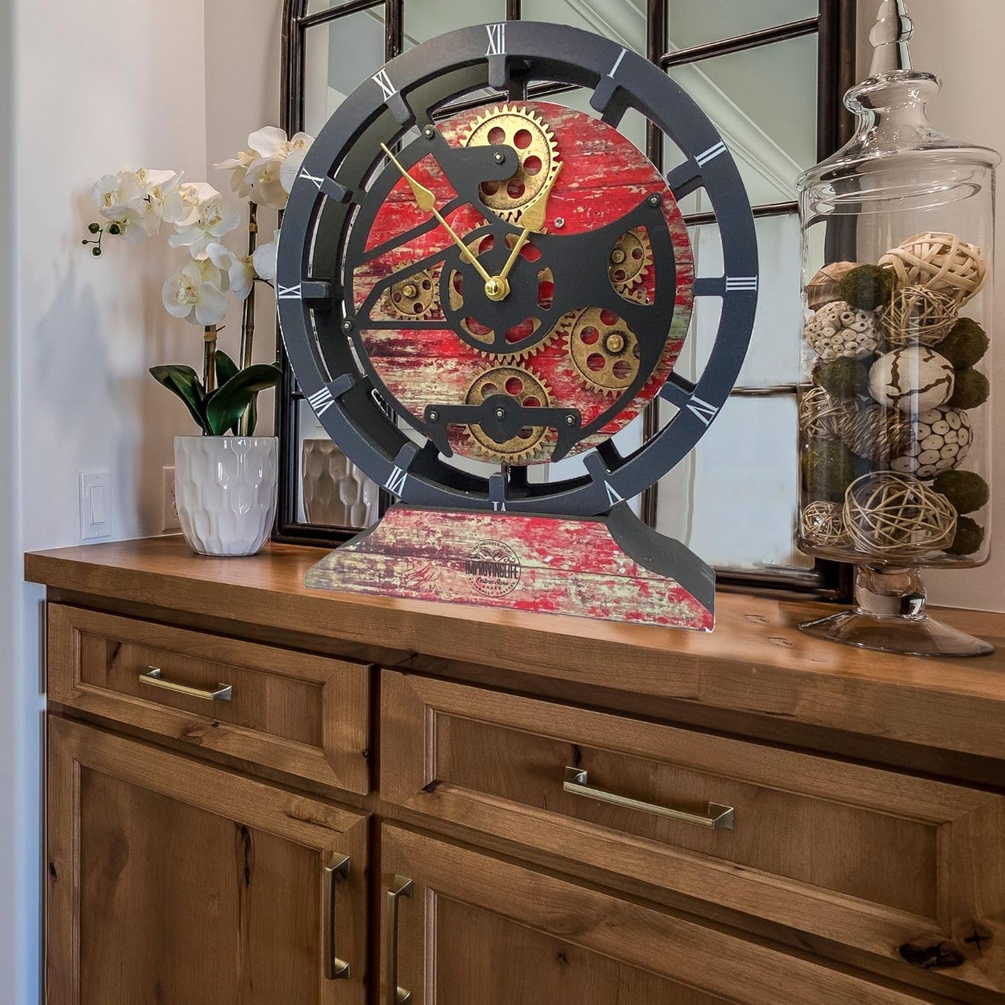 The Gears Clock 16 inches Wall Clock with Real Moving Gears Convertible into a Big Mantel Clock (Red Lava)