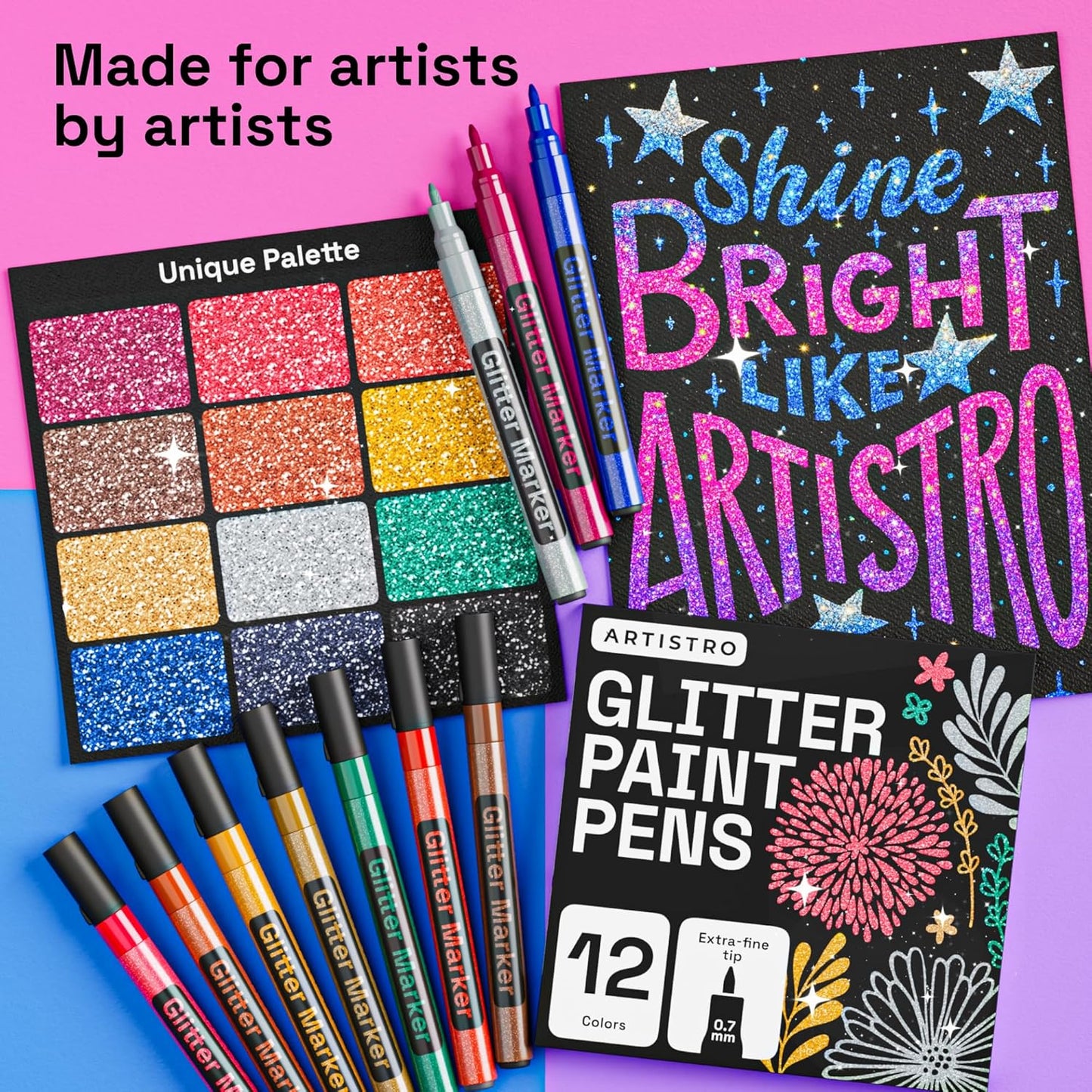 ARTISTRO 12 Glitter Paint Pens Sparkly and Shiny for Glass, Rock Painting, Ceramic, Wood, Fabric, Scrapbooking, DIY Craft Making, Coloring - Acrylic Paint Markers Extra-Fine Tip 0.7mm