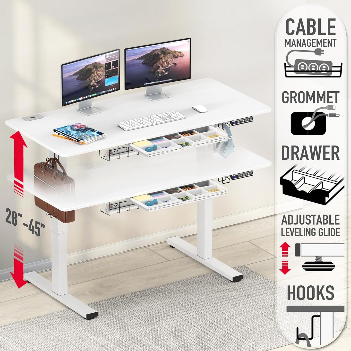 SHW 48-Inch Electric Height Adjustable Standing Desk with Drawer, Memory Preset and Cable Management Tray, White