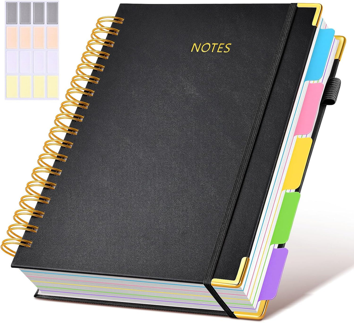 Hardcover Spiral Notebook journal with Removable Dividers Tabs, 300 Pages Leather 5 Subject Notebook College Ruled, 8"x10" Large B5 Notebooks for Work School Note taking, Lined Journal for Women,Black