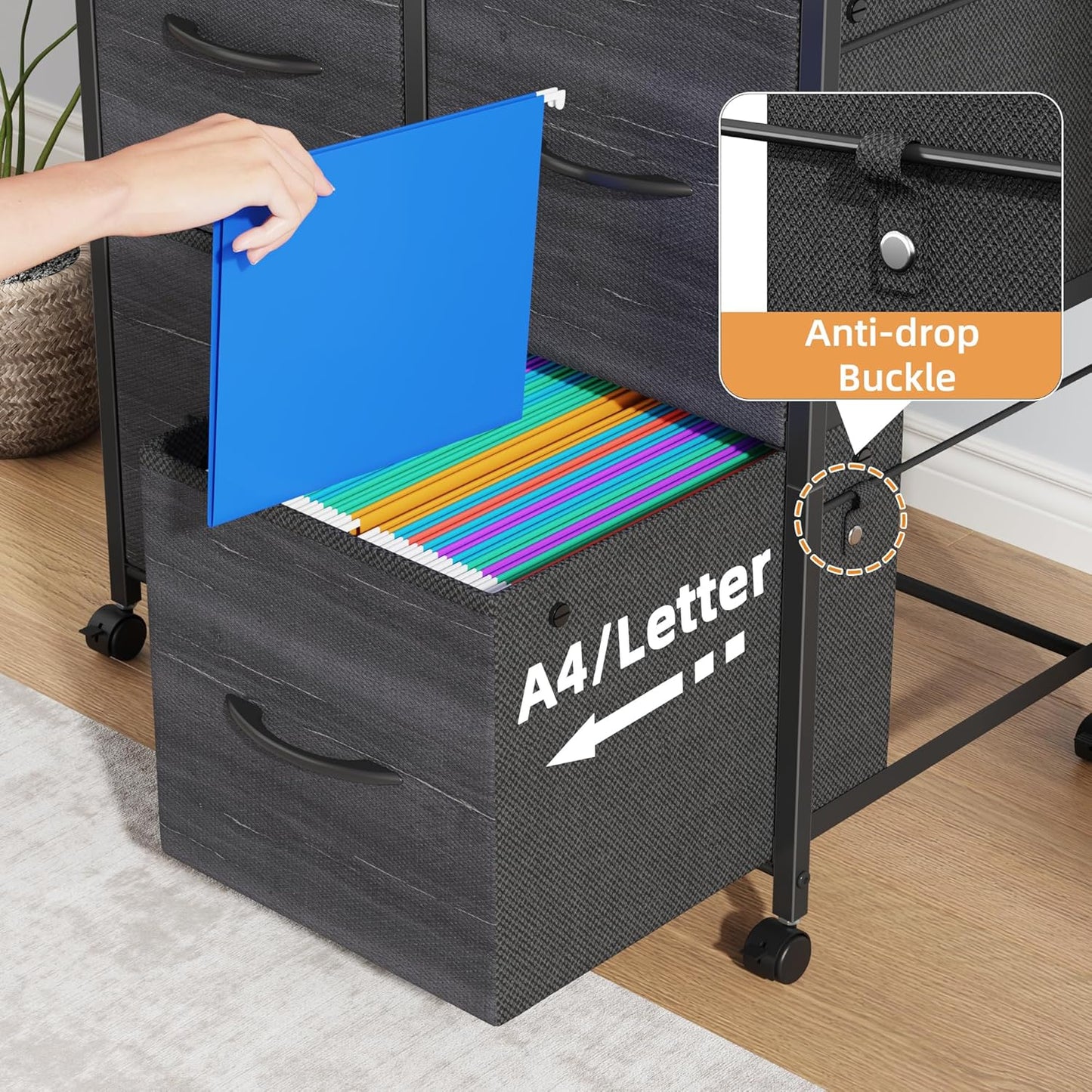 Lateral File Cabinet 4 Fabric Drawer, Mobile Filing Cabinet for Large Printer, Home Office Functional Office Storage Cabinet & Printer Stand, Fits A4/Letter Size, Charcoal Black Grain Print