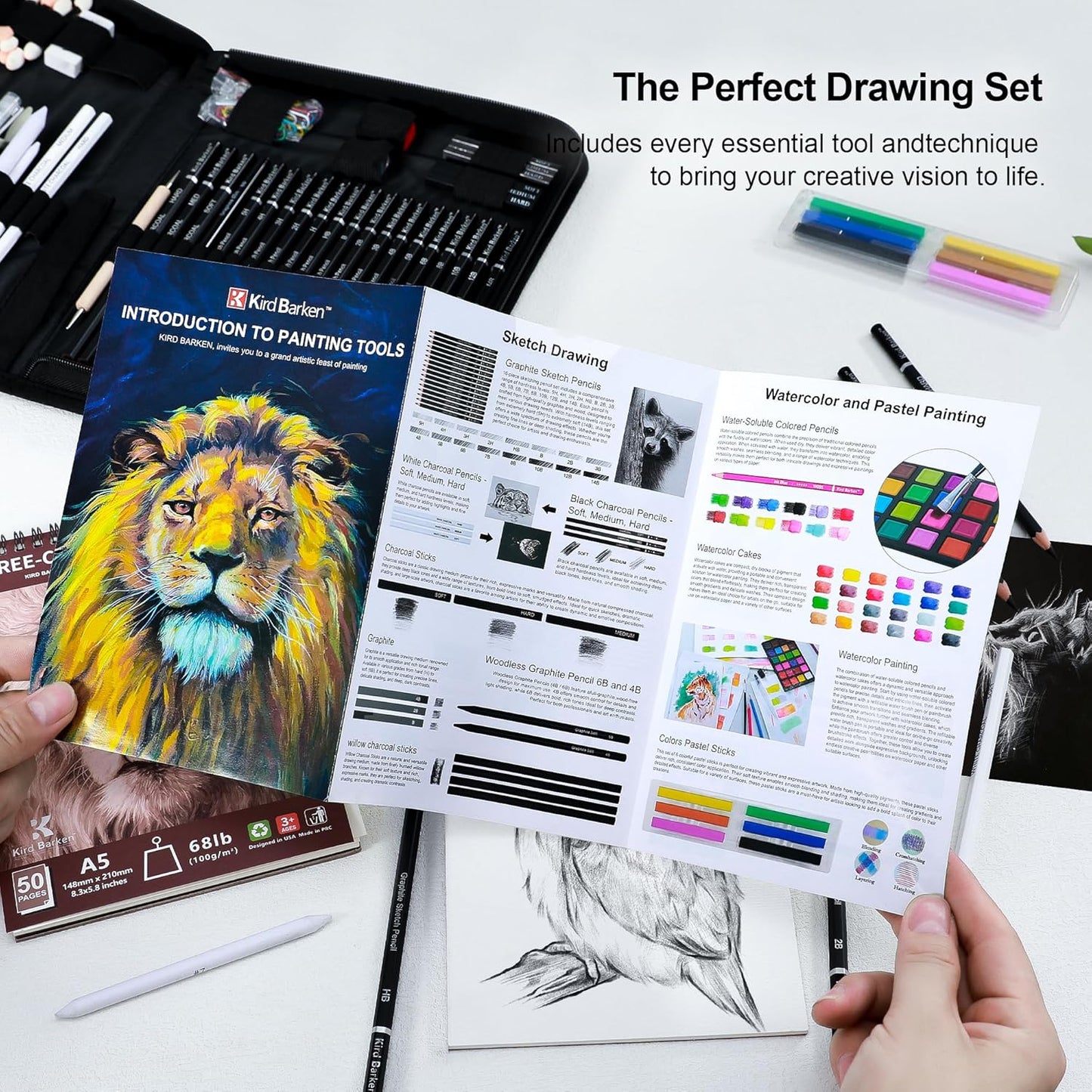 Kird Barken 112 PCS Professional Drawing Set – Sketch Kit with Graphite & Charcoal Pencils, 3-Color Sketchbook, Art Supplies for Shading & Blending – Ideal for Artists, Adults, Teens & Beginners