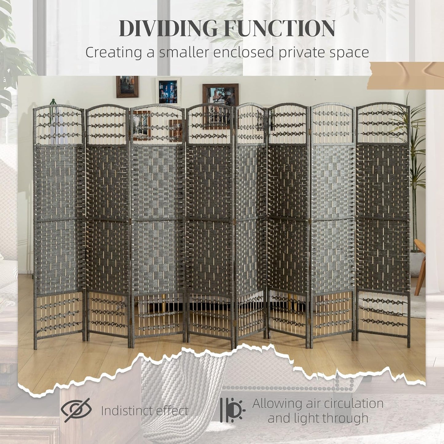 HOMCOM 8 Panel Room Divider, Folding Privacy Screen, 5.6' Room Separator, Wave Fiber Freestanding Partition Wall Divider, Dark Gray