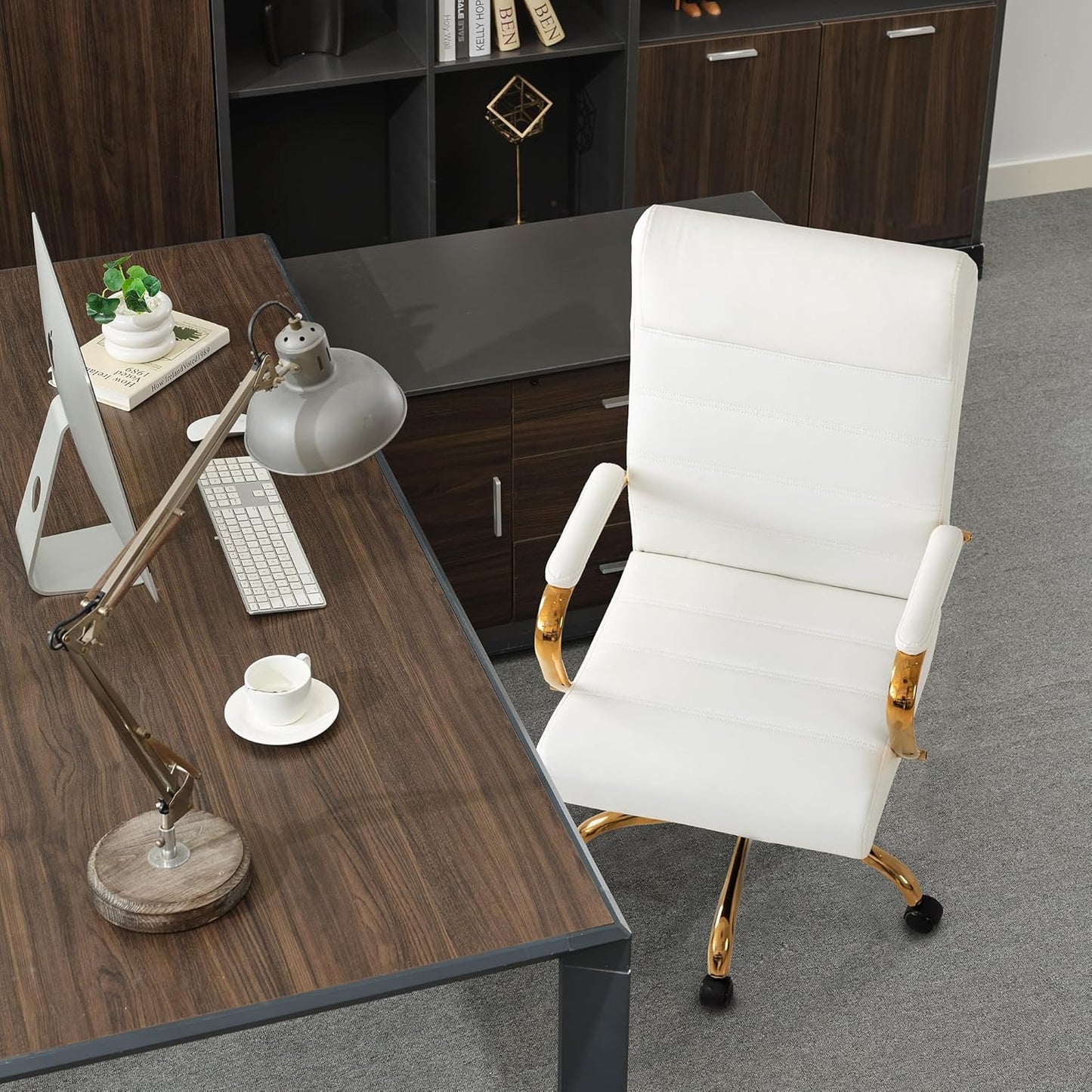 Office Desk Chair,Modern Leather Conference Room Chairs,High Back Home ofiice Chair,Adjustable Height Swivel Executive Computer Chair with Padded Seat and Armrest (White with Gold Frame)