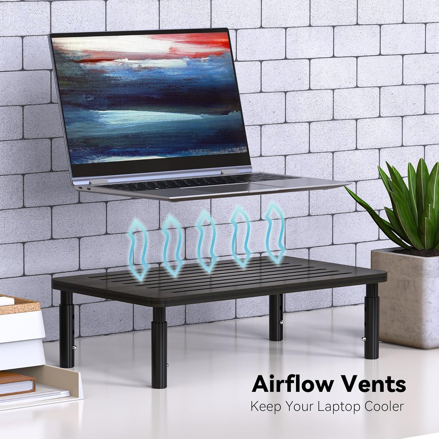 Bamboo Monitor Stand Riser, 4 Adjustable Height, 15.55x9.25 Laptop Stand with Airflow Vents, Desk Organizer for Computer, PC, Printer (Wenge)