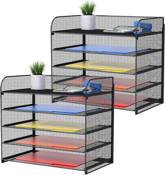 2 Pack Legal/A4/Letter Size Desk Paper Organizer Desktop File Organizer Document Sorter, 5 Tier Mesh Letter Tray File Folder Holder Office Accessories Organization