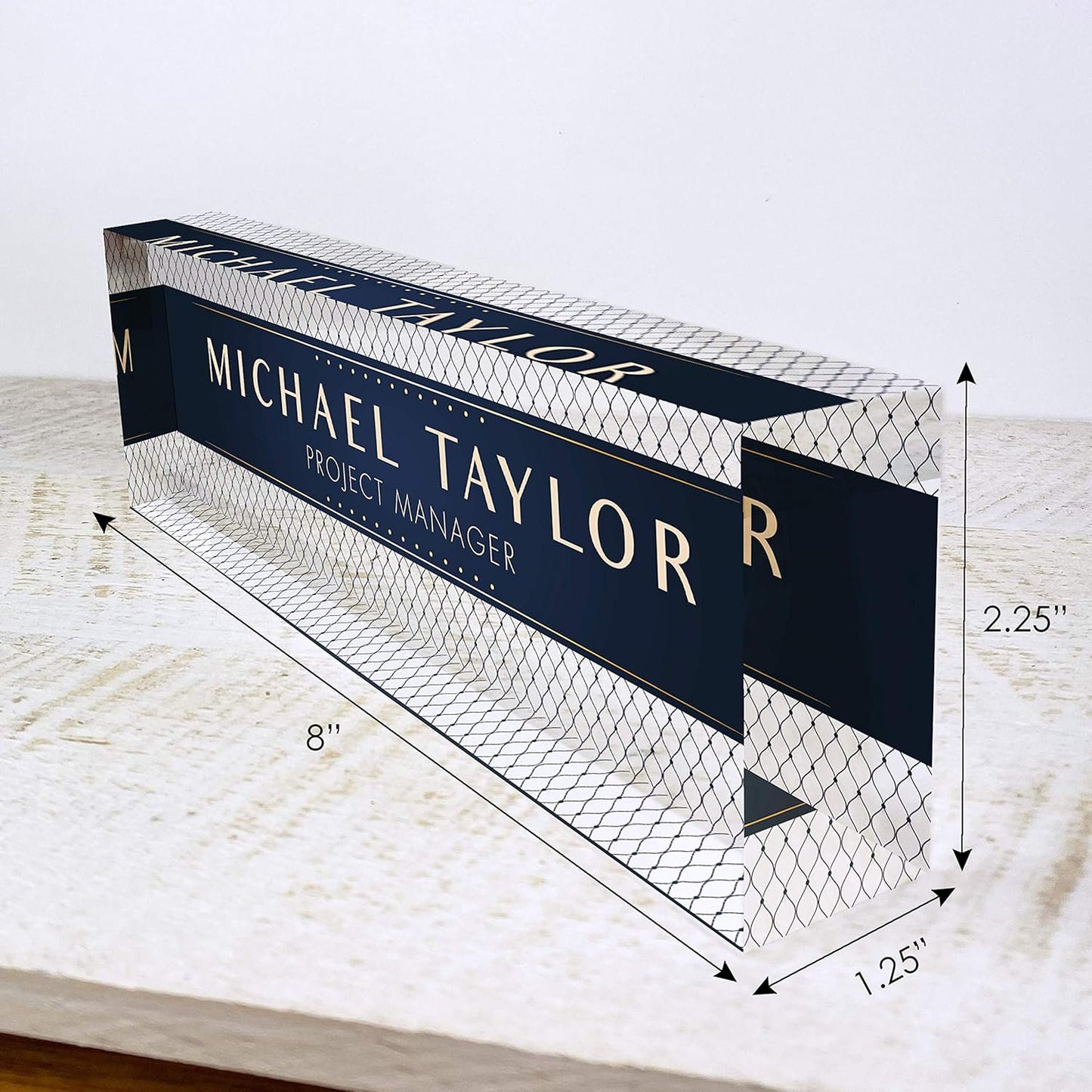 Artblox Office Desk Name Plate Personalized | Custom Name Plates for Desks | Net Shape Design On Clear Acrylic Glass | Office Desk Decor - (8" x 2.5")