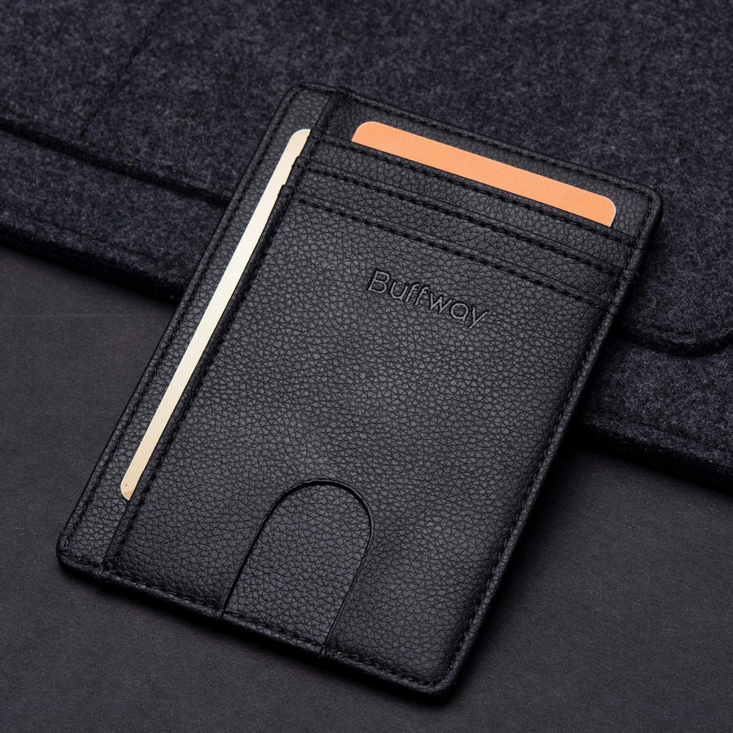 Buffway Slim Minimalist Front Pocket RFID Blocking Leather Wallets for Men and Women - Lichee Black