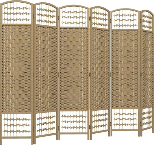 HOMCOM 6 Panel Room Divider, Folding Privacy Screen, 5.6' Room Separator, Wave Fiber Freestanding Partition Wall Divider, Natural