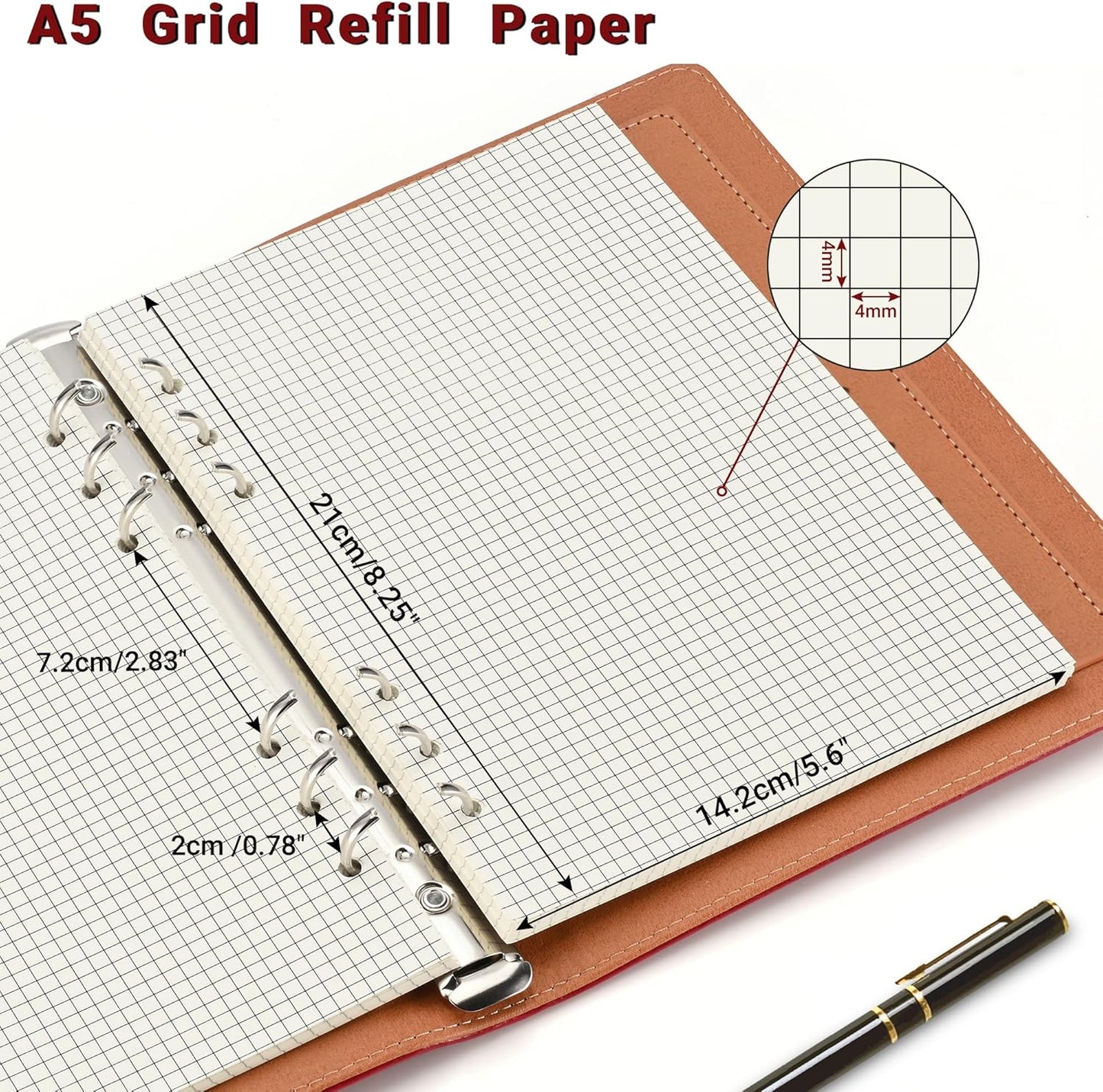 A5 Grid-Ruled Refill Paper, 100gsm Thick Beige No-Bleed Sheets (2 Packs, 80 Sheets Each), Pre-Punched – Fits A5 6-Ring Binders for Office, School & Teachers