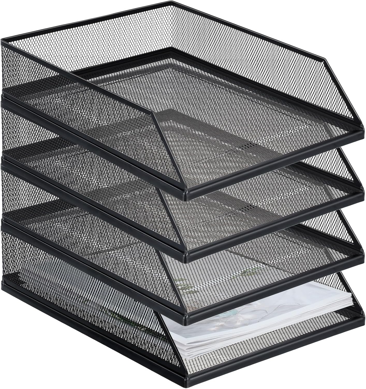 Hicarer 4 Pcs Black Metal Letter Tray Stackable Desk Tray Single Wire Mesh Organizer Front Load File Paper Holder for Desktop Office Home School Classroom (12.8 x 9.84 Inch)