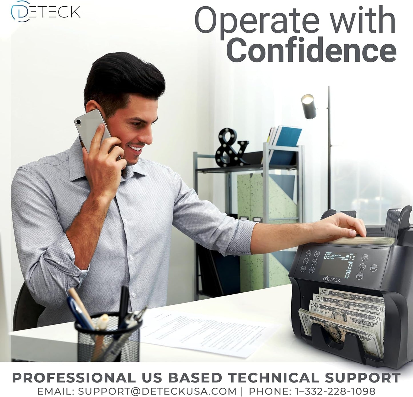 DETECK DT500 Mixed Denomination Money Counter, Multi Currency, Bill Counter 2CIS/UV/IR/MG/MT Counterfeit Detection, Cash Counter Serial Number, Printer Enabled