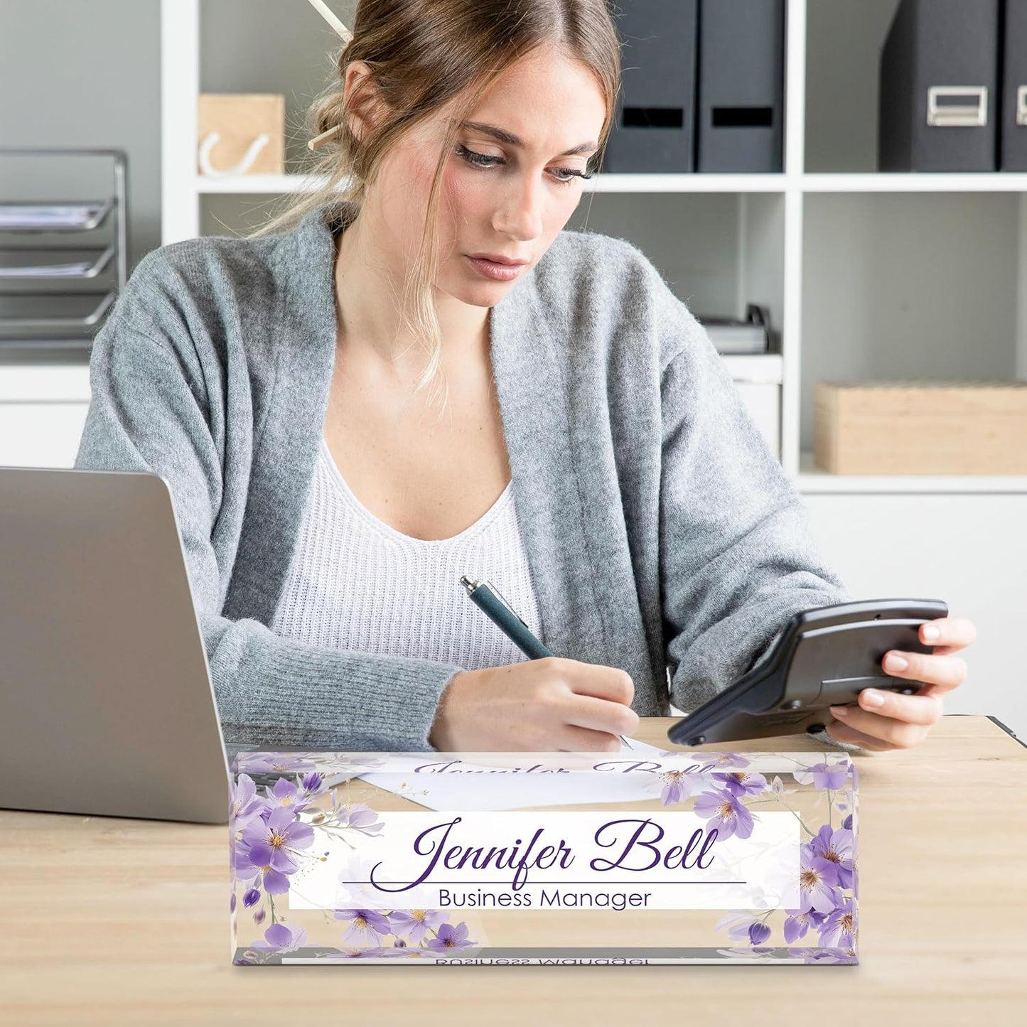 Personalized Name Plate for Desk, Custom Desk Name Plate, Acrylic Name Plate Office Desk Accessories, Personalized Office Gifts for Coworkers Teachers, Employee Appreciation Gifts (Purple Ink)