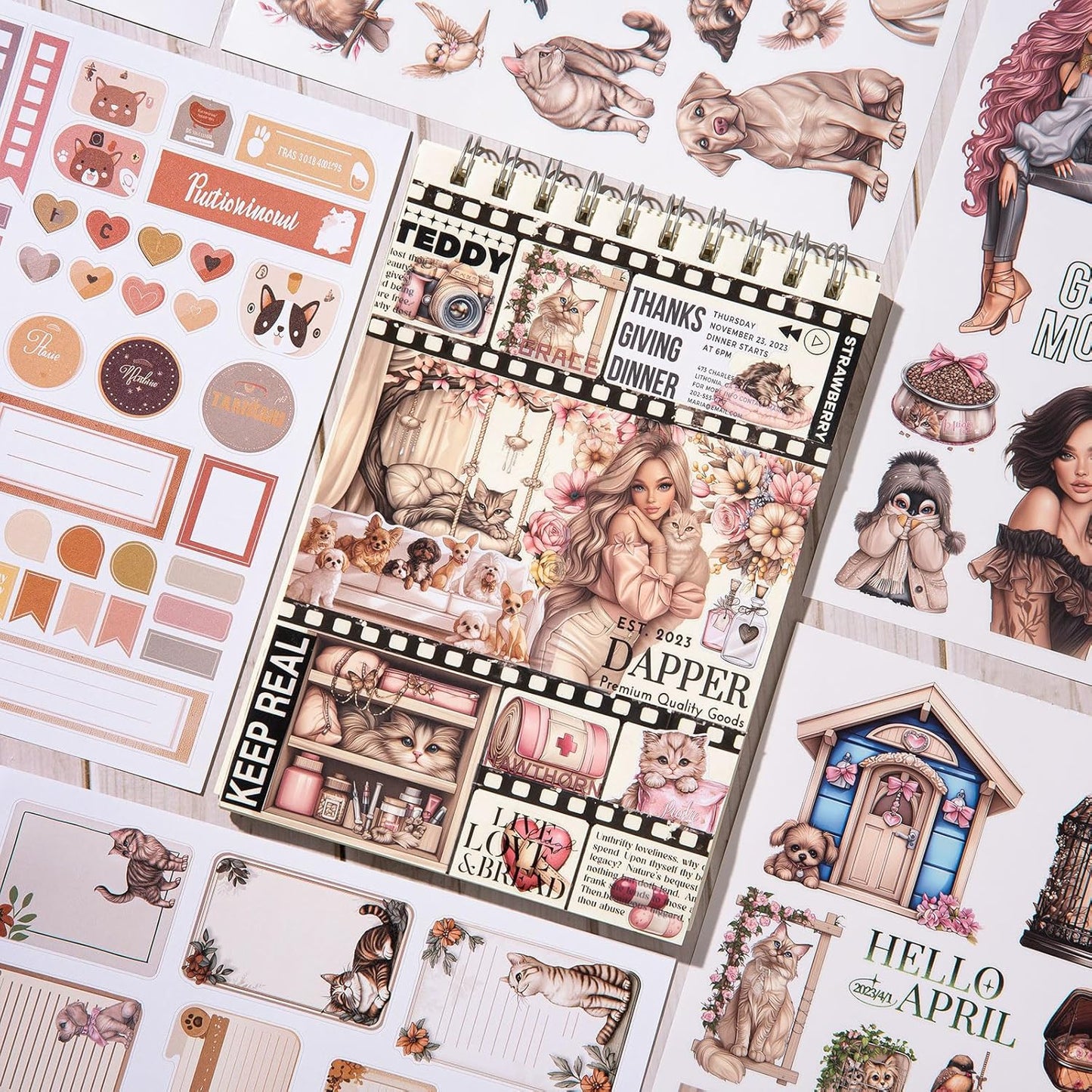 YagCu Scrapbook Sticker Book, Pets Dogs Cats Journaling Stickers, Animal Junk Journal Supplies, Pre-Cut Aesthetic Scrapbooking Stickers for Adults, Decorative Ephemera Bullet Planner DIY Arts Craft