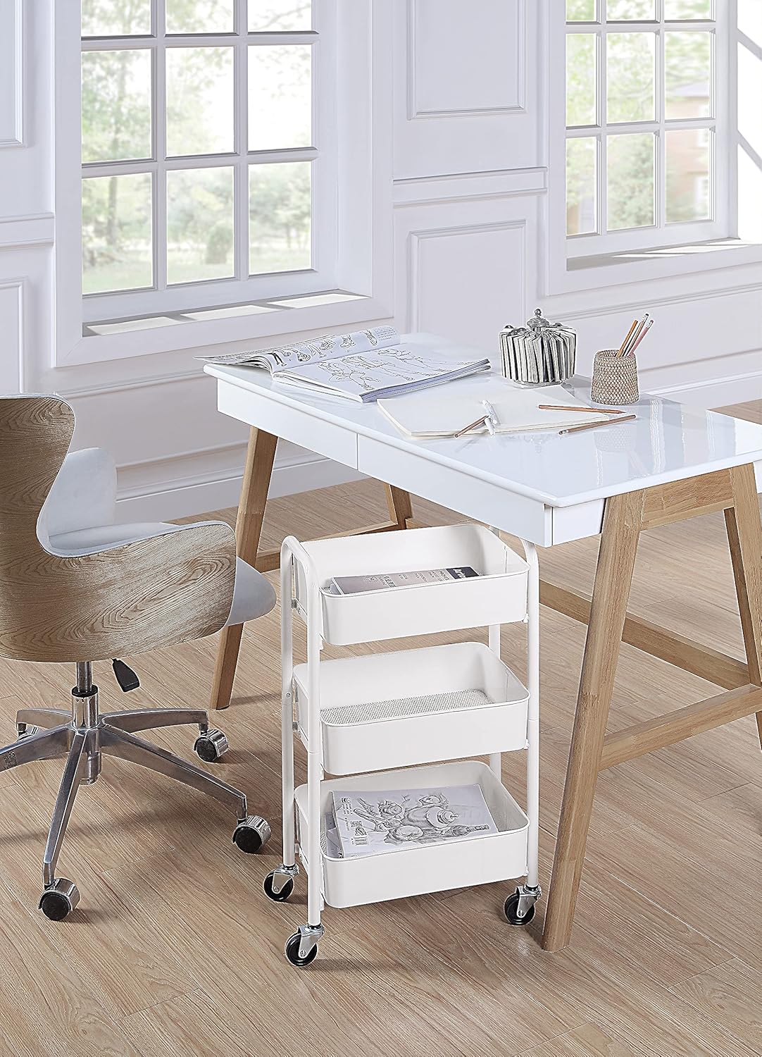 SunnyPoint 3-Tier Delicate Compact Rolling Metal Storage Organizer - Mobile Utility Cart Kitchen/Under Desk Cart with Caster Wheels - WHT (15.35" X 10.24" X 26.8"H)