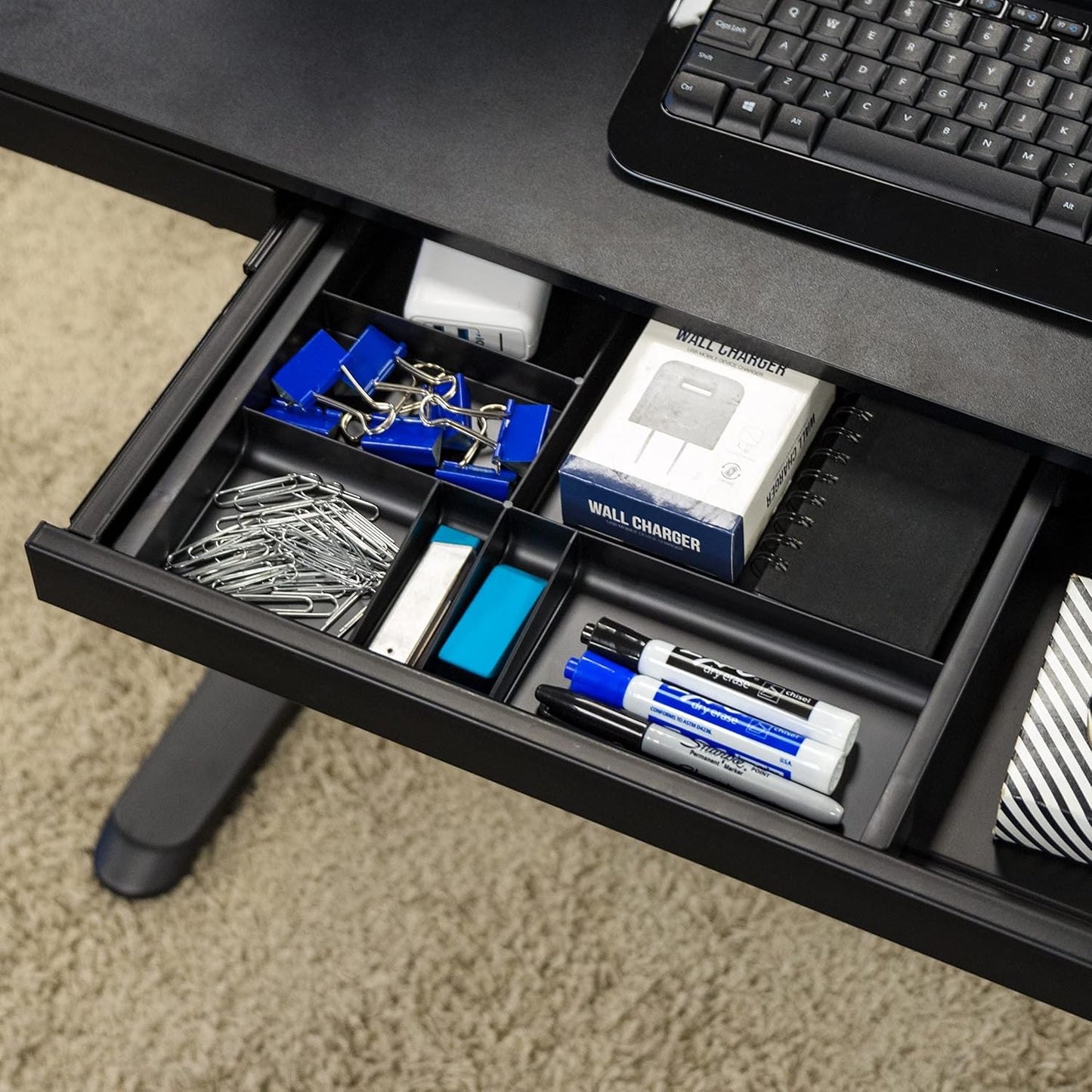 IRIS USA 14" x 10" Stacking Desktop Organizer Tray with Built-In Divider, 8 Pack, Plastic Storage Container for Stationery Art Craft Supplies Office Desk Drawer and Small Business Organization, Black