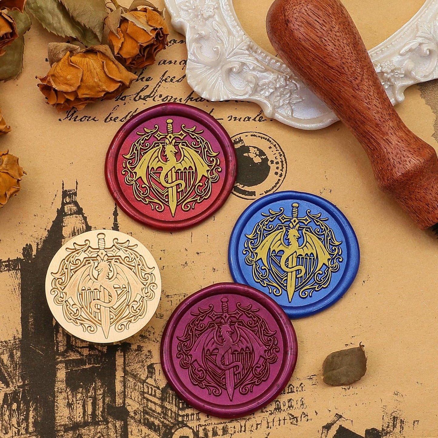 SWANGSA Dragon and Sword Wax Seal Stamp Kit with 200pcs Sealing Wax Beads, Great for Embellishment of Halloween Party Invitations, Wine Packages, Gift Wraps