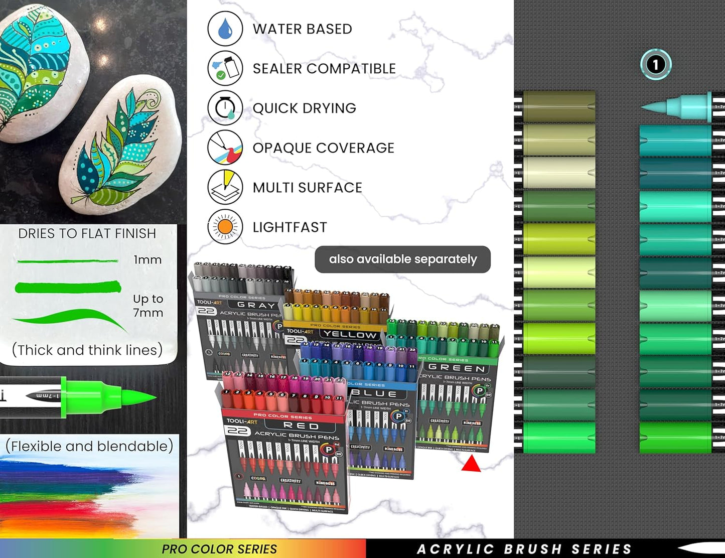 22 Flexible Brush Tip Acrylic Paint Pens Markers Set 1-7mm Line for Rock Painting, Brush Lettering, Glass, Mugs, Wood, Metal, Canvas, Fabric, Plastic. Non Toxic Waterbased Quick Drying Assorted Green