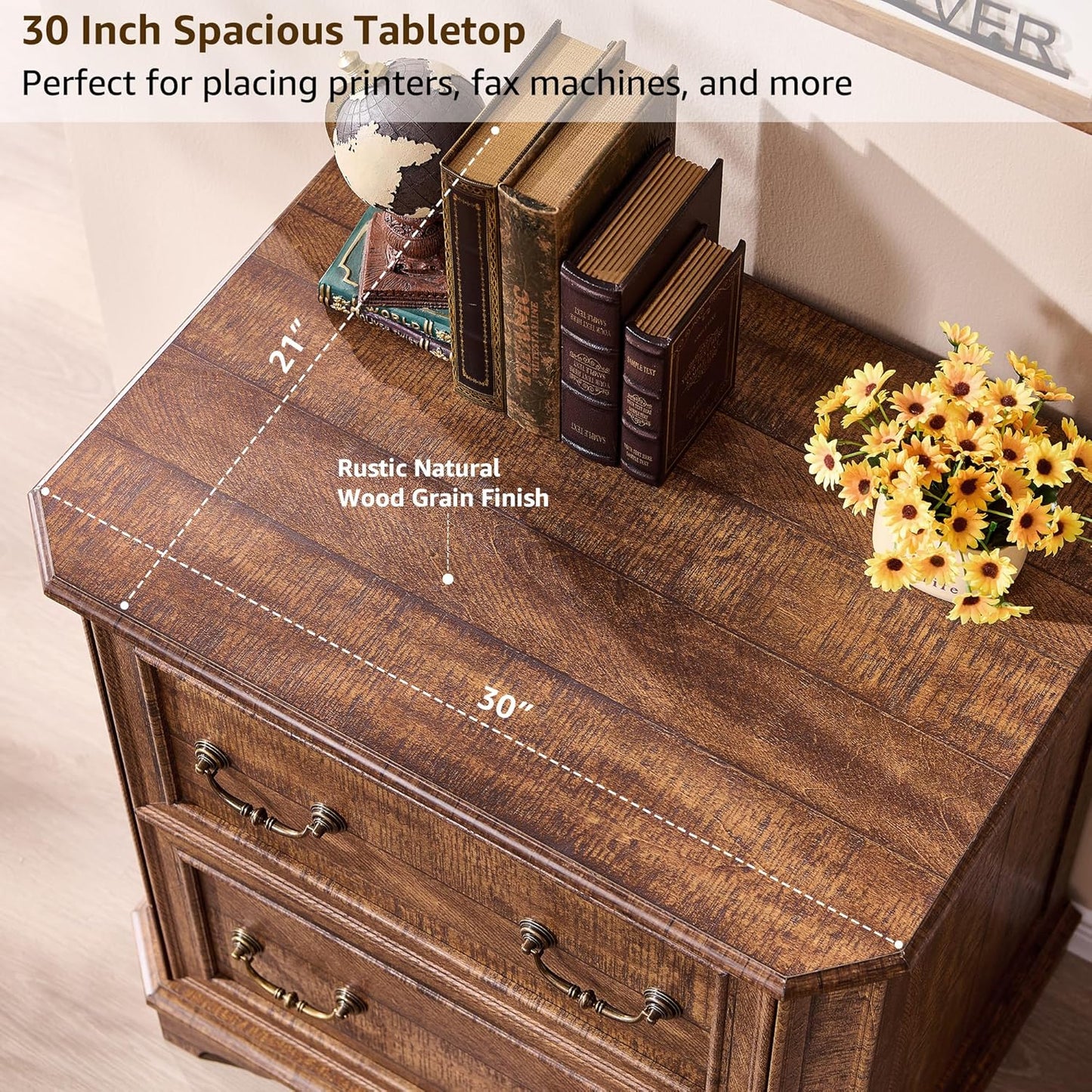 T4TREAM 2 Drawer File Cabinet-30 Wide Wooden Extended Desktop, Farmhouse Filing Cabinet with Smooth Rails, Holds Letter/Legal/A4, Hexagonal Design & Framed Drawer Fronts, Reclaimed Barnwood