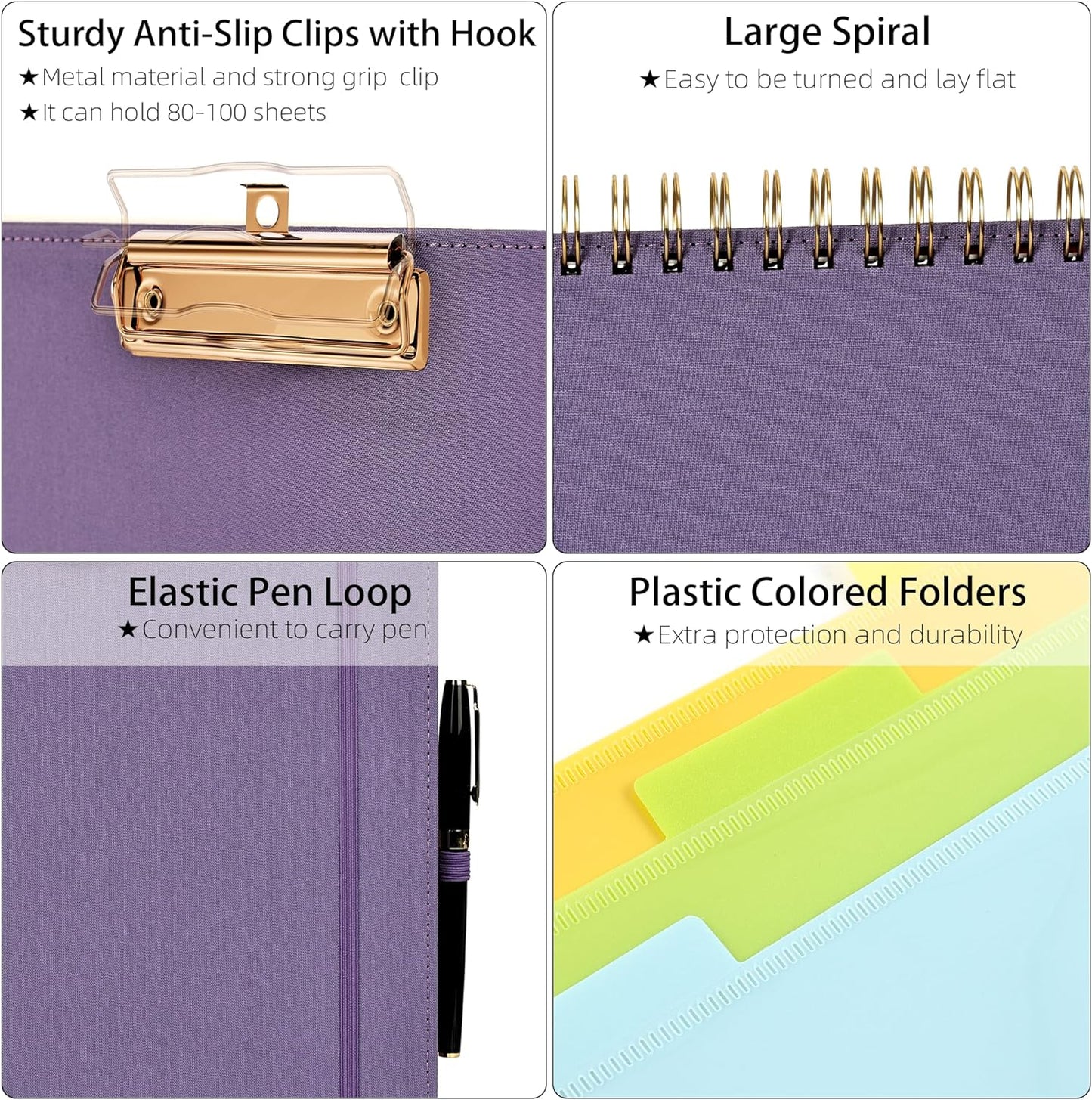 Ospelelf Foldable Spiral Clipboard Folio with Storage Zipper Pouch, 5 Plastic Folders with 10 Pockets,Refillable Lined Notepad (11" x 8.5"), Hardcover Project Organizer with 39 Stickers (Purple)