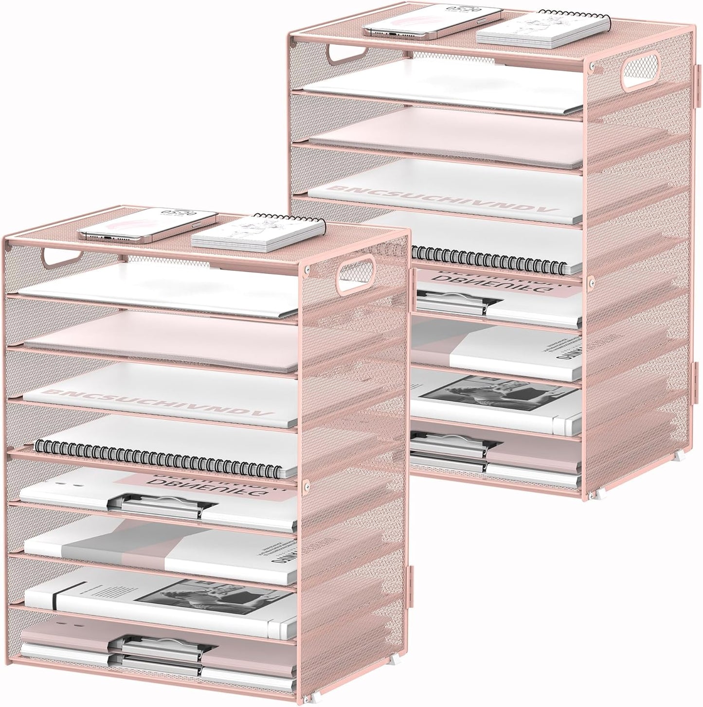 DALTACK 9-Tier Paper Letter Tray Desk Organizer with Handles, Mesh File Holder Organization, Paper Sorter Desk Organizer for Office Home School, Pink 2 Pack