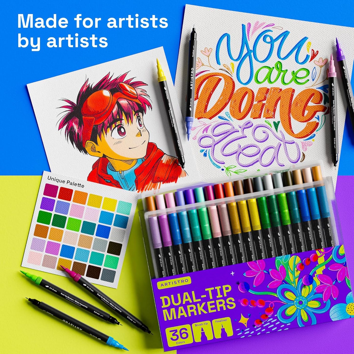 ARTISTRO 36 Brush Marker Pens Coloring Markers for Adults Brush Tip & 0.4mm Fineliner Pens Coloring Markers No Bleeding