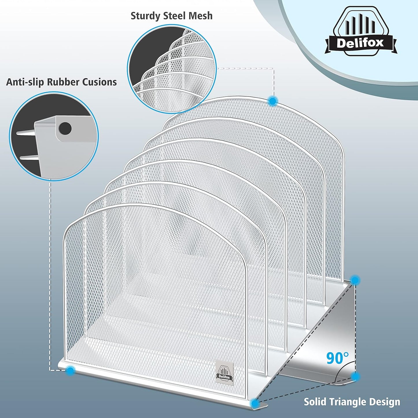 Inclined Desk File Organizer, 5-Section Vertical File Folder Holder Stand Metal Rack File Sorter for Office Classroom Desktop Organization (Silver, 1Pack)