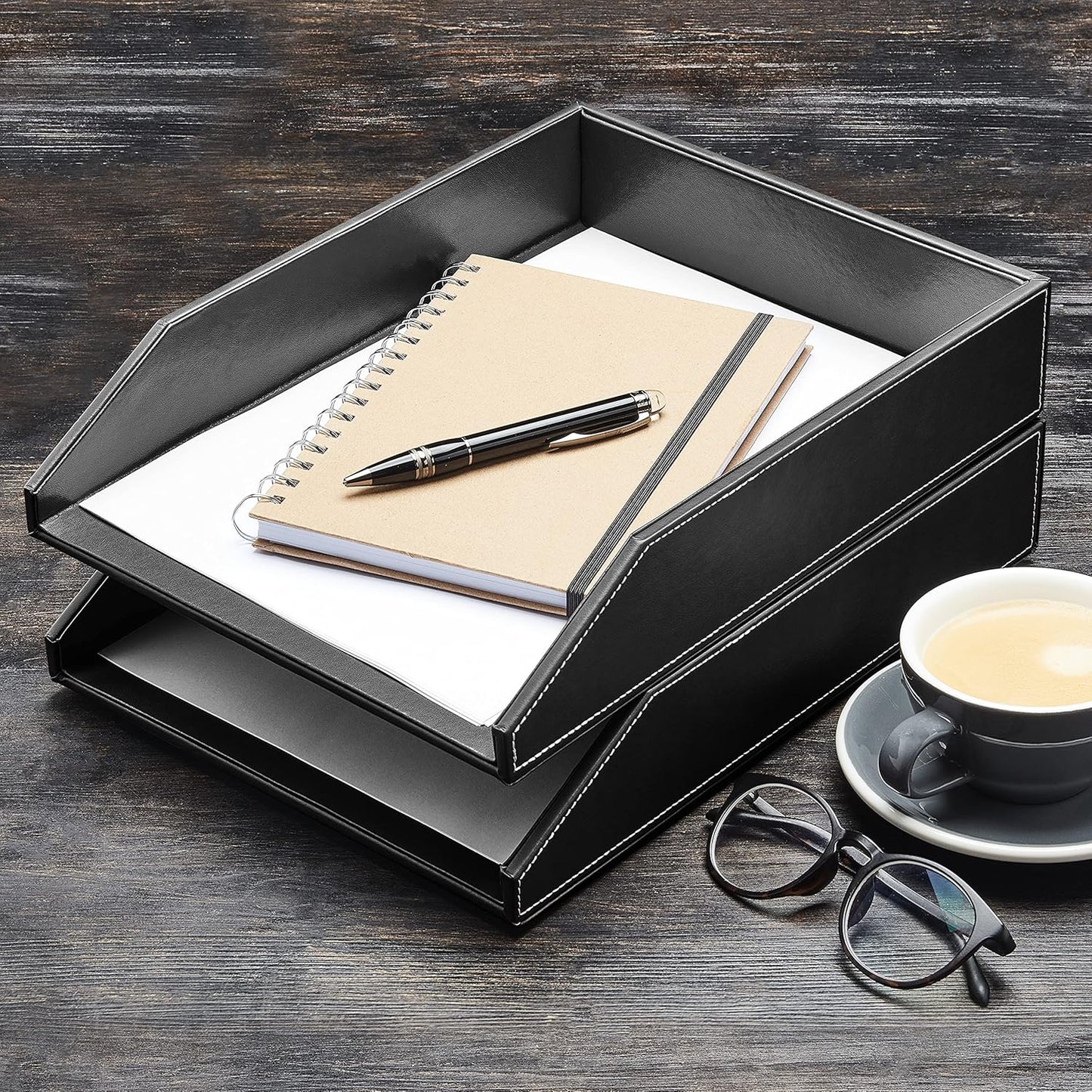 Gallaway Leather Letter Tray Organizer - PU Leather Desk Tray, Perfect for Office Organization, Document Holder Fits A4 Paper, Stackable Drawers for Extra Storage (Black)