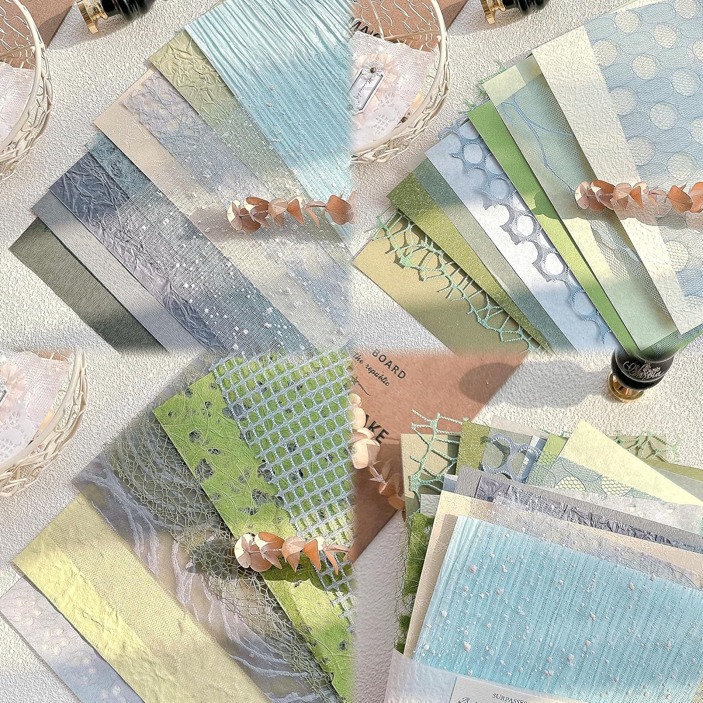 Aromoty 30 sheets A4 size Textured Scrapbook Paper&Mesh Fabric set - Large Handmade Craft Mulberry Special Paper Mix for Scrapbooking Junk Journal Supplies Card Materials Collage, 11.7x8.3 Inches